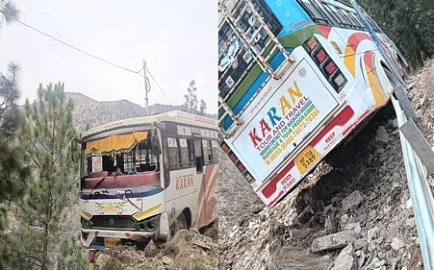 चंबा-तीसा मार्ग पर चलती निजी बस पर पहाड़ी से गिरा मलबा, खाई में गिरने से बाल-बाल बची बस 