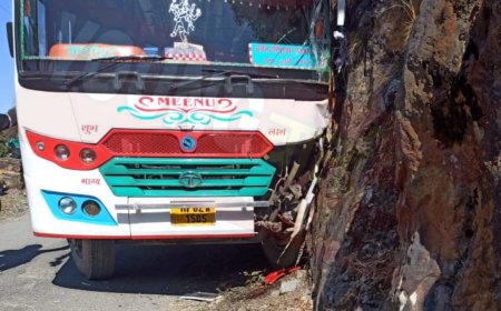 ब्रेक फेल होने से  पहाड़ी से टकराई निजी बस , संगड़ाह-हरिपुरधार सड़क पर हुआ हादसा