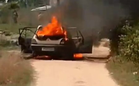 चलती कार में अचानक लगी आग, गाड़ी में बैठे लोगों ने बाहर निकलकर बचाई जान 