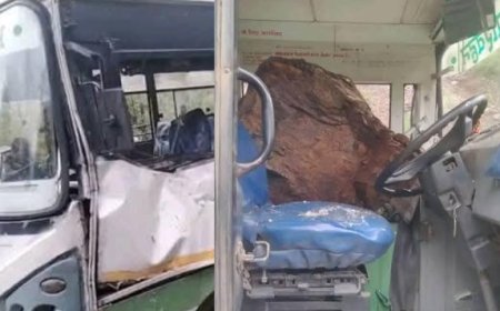 चालक की सूझबूझ से टला बड़ा हादसा : पहाड़ी से गिरकर HRTC बस का शीशा तोड़ स्टेयरिंग तक पहुंचा पत्थर 