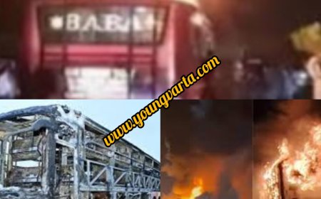 बाइक को टक्कर मारने के बाद बस में लगी आग ,  जिंदा जल गए 20 यात्री , 19 की बचाई जान