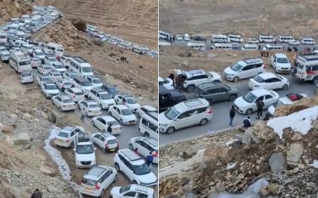 लाहौल घाटी के ग्रांफू में पार्किंग के लिए पर्यटकों के वाहनों की लगी कतारें