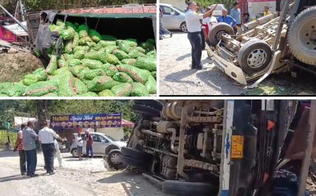 खजुरना पुल के पास ब्रेक फेल होने से आलू से लदा ट्रक पलटा, बोलेरो भी दुर्घटनाग्रस्त