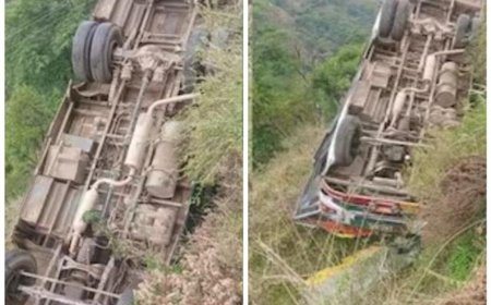 मंडी में HRTC बस सड़क से पलटकर किनारे के निचली तरफ फंसी, चालक समेत 3 घायल