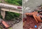 बिनवा पुल पर बड़ा हादसा, रेलिंग तोड़ खड्ड में गिरा ईंटों से भरा कैंटर