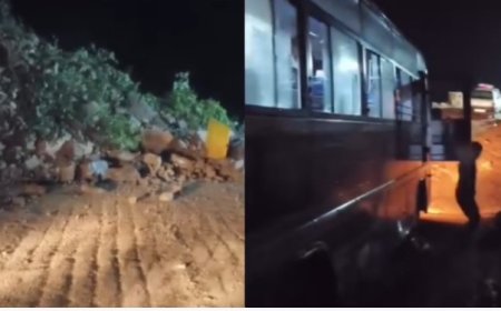 भूस्खलन की चपेट में आने से बाल-बाल बची बस, पहाड़ी से गिरे मलबे से मची अफरातफरी