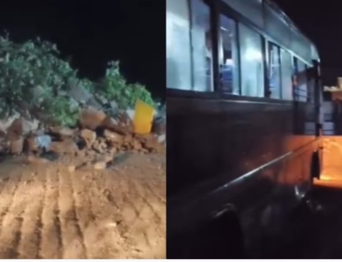 भूस्खलन की चपेट में आने से बाल-बाल बची बस, पहाड़ी से गिरे मलबे से मची अफरातफरी