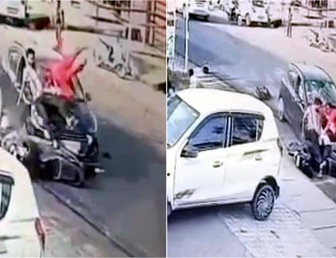 तेज रफ्तार का कहर, टक्कर लगते ही हवा में उछलकर कार के बोनट पर गिरे पति-पत्नी और 7 साल का बेटा