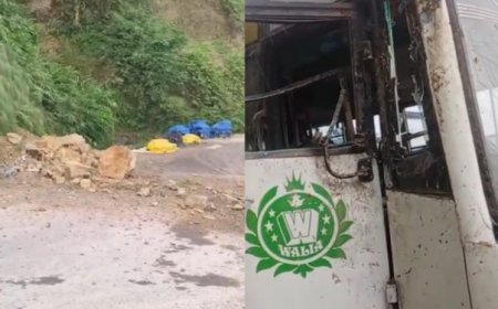 बस पर गिरा पहाड़ी का मलबा, बाल-बाल बचे चालक-परिचालक
