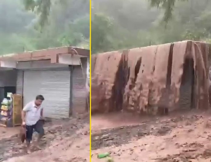 भारी मलबे के बीच फंसने से बचा दुकानदार, कुछ सेकंड की देरी बन सकती थी अनहोनी का कारण